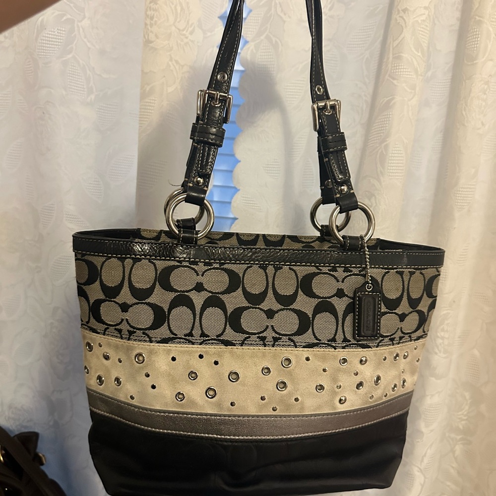 Coach Black and Tan Signature Studded Tote
